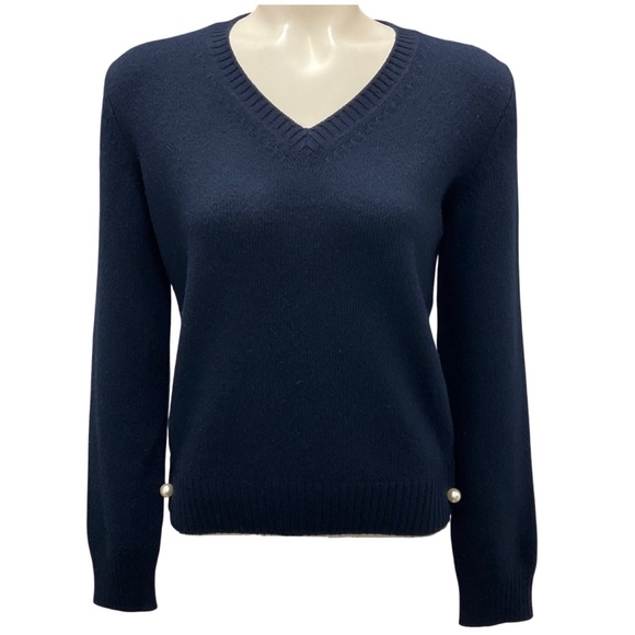 CHANEL NAVY BLUE PEARL EMBELLISHED CASHMERE KNIT SWEATER - Picture 1 of 6